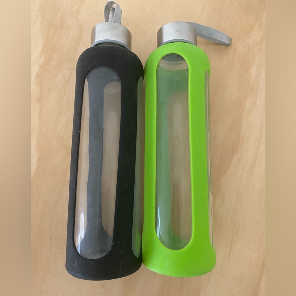 Set of Two Reusable Glass Bottles Stainless Steel Cup